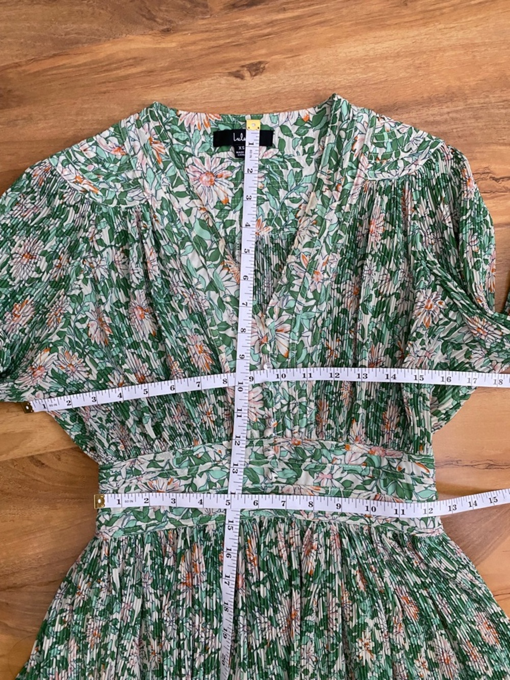 Green Floral V-neck Long Puff Sleeve Pintucked Midi Dress Pleated Wedding Garden - Picture 10 of 11